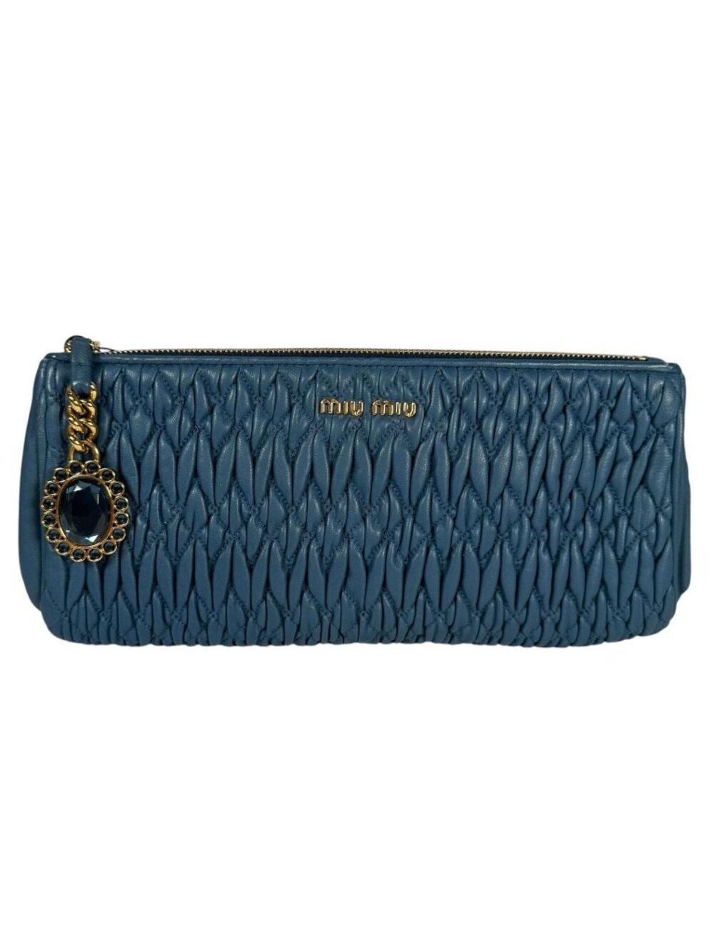 Miu Miu Matelasse Quilted Leather Navy Clutch Gold